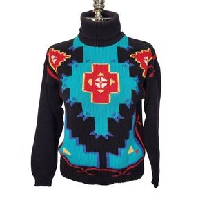 Vintage Catcher Brand Womens Black Southwest Print Turtleneck Sweater M Colorful